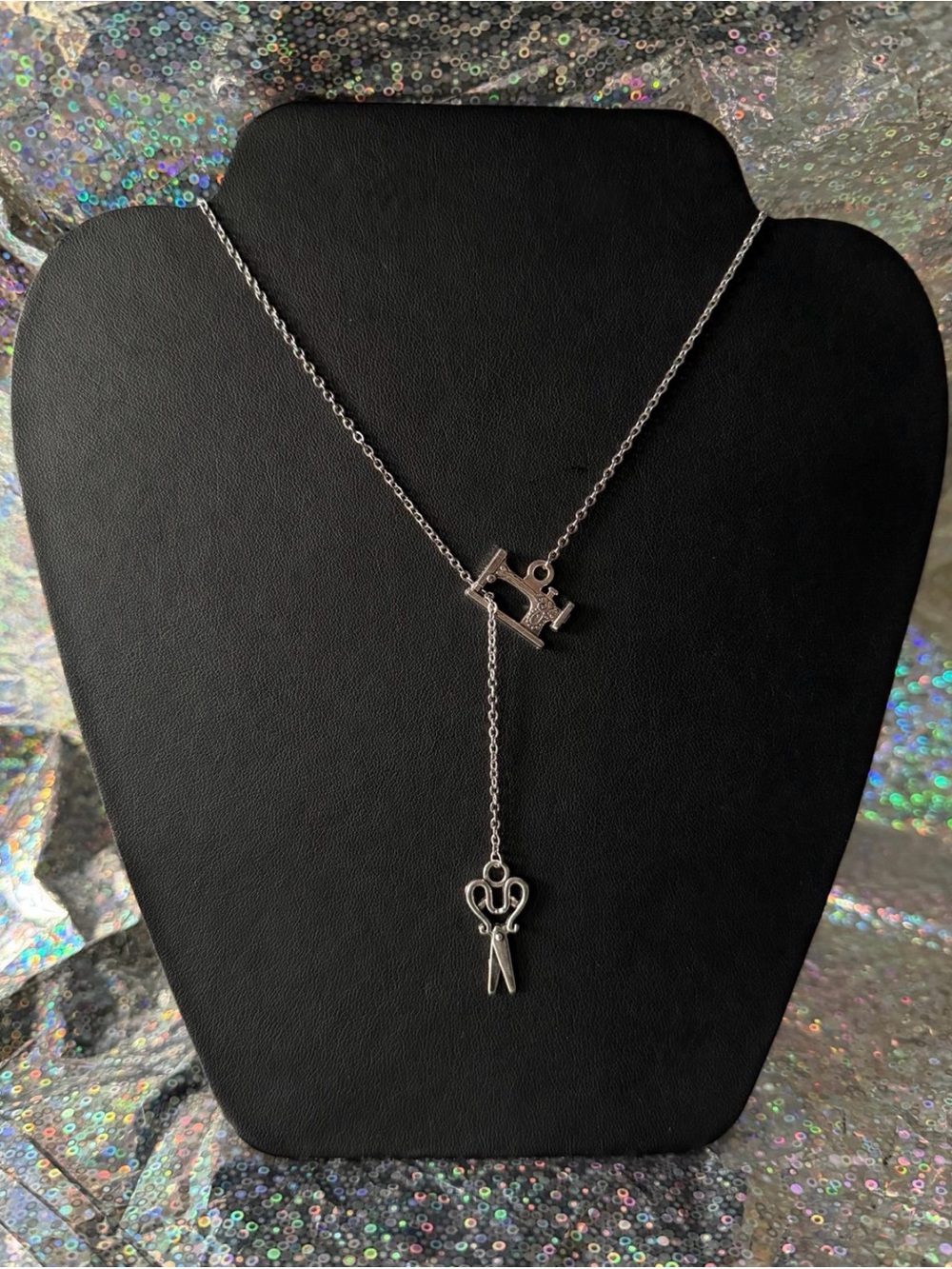 Silver Sewing Machine & Scissors Lariat Necklace - Seamstress Dress Maker Tailor